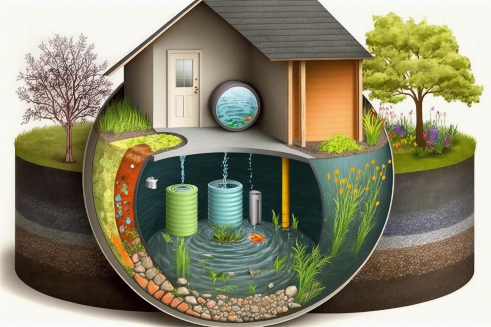 Diagramme illustrant le fonctionnement d’une micro-station d’épuration individuelle, avec traitement des eaux usées domestiques par décantation et filtration biologique.